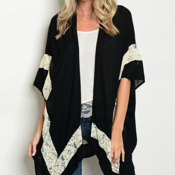 . Tops - BOHO INSPIRED BLACK KIMONO WITH LACE DETAILS